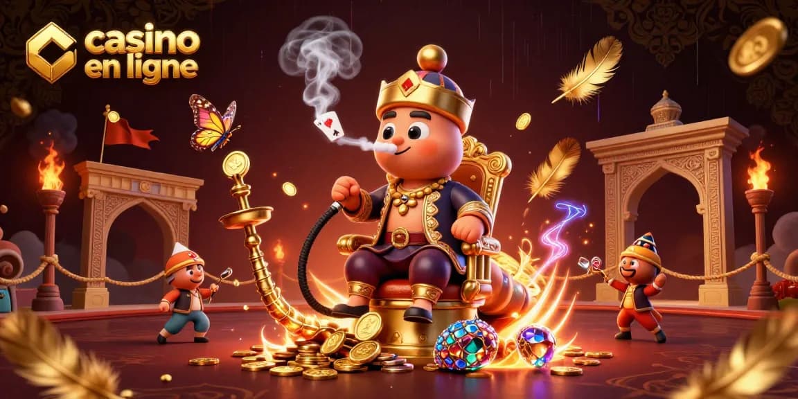 Visualisez l'univers des jeux de casino en ligne avec un maître chicha et des symboles de poker.