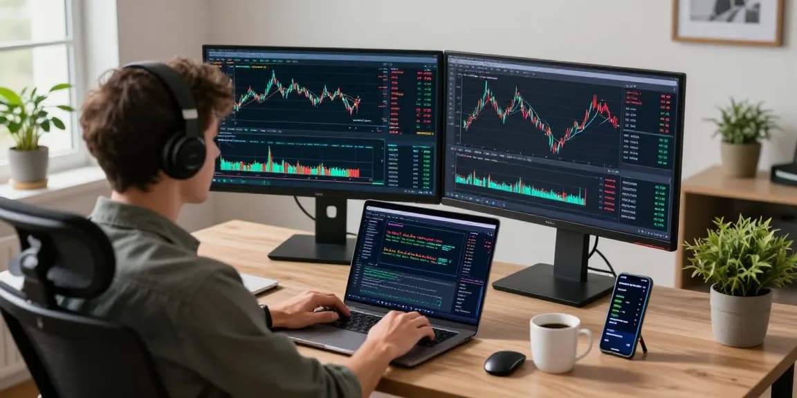 Trader analyzing market trends using mt5 on dual monitors in a modern office.