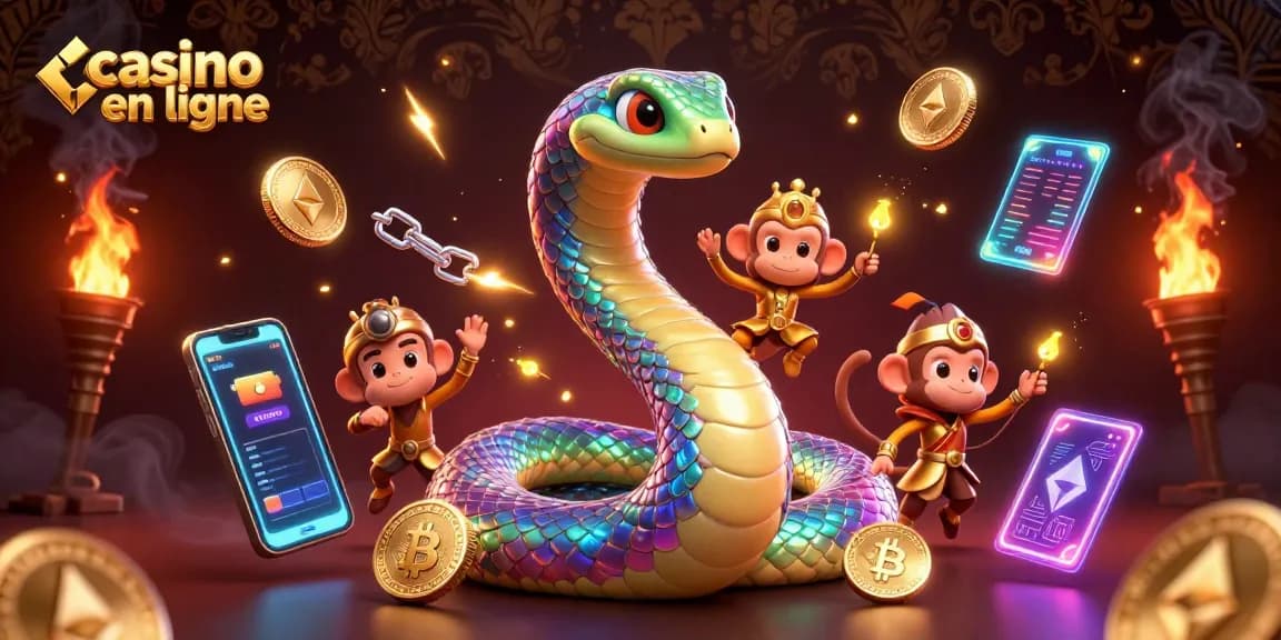 Découvrez l'excitation du casino en ligne avec un serpent coloré et un roi singe en armure dorée, jouant avec des pièces de crypto.