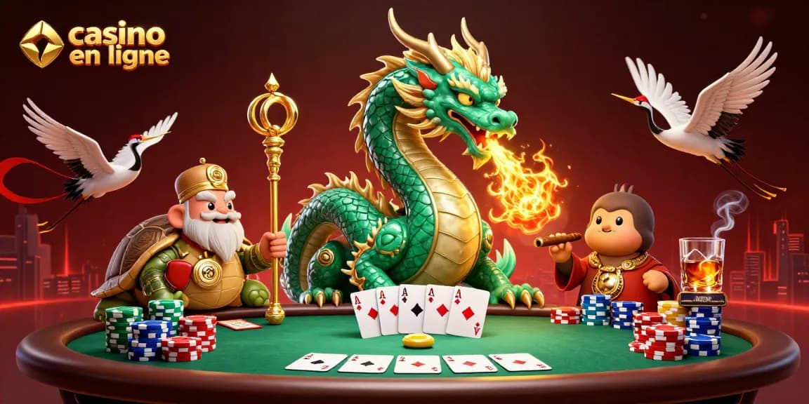 Illustration captivante de casino en ligne avec dragon émeraude, sage et grues porte-bonheur.