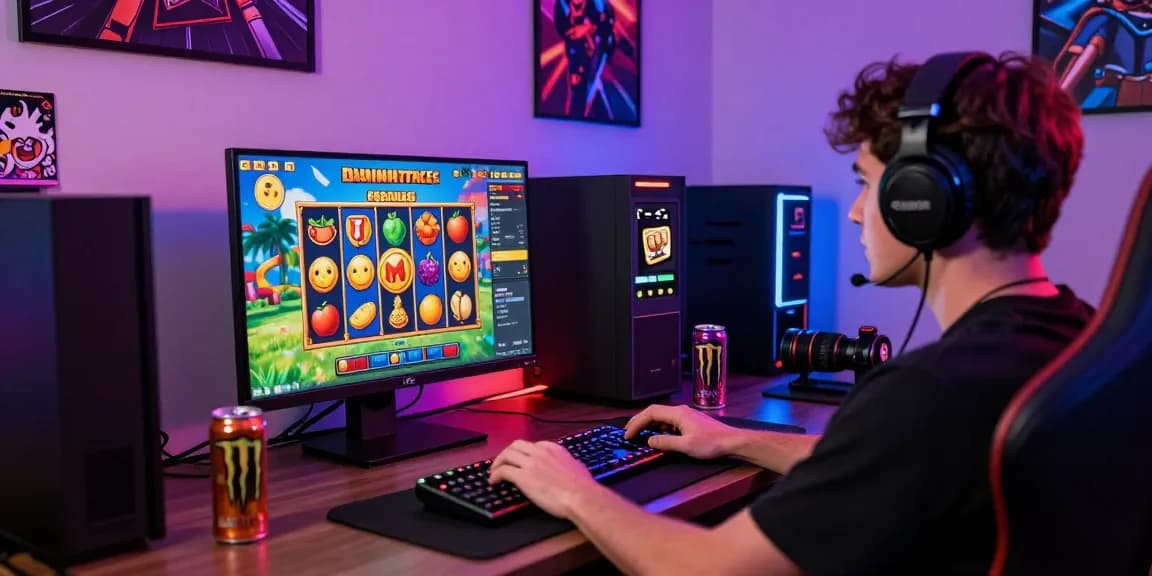 Player engaged in slot dana gaming on PC with colorful graphics and streaming setup.