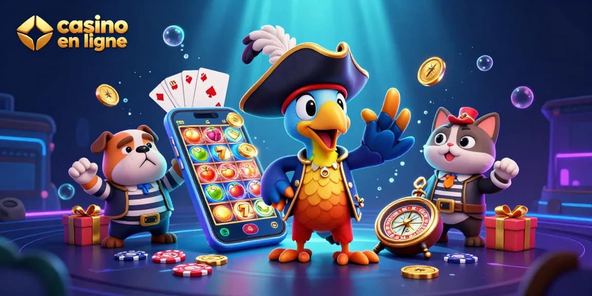 Plongez dans l'univers captivant du casino en ligne avec des personnages animés entourés de jeux et de récompenses.