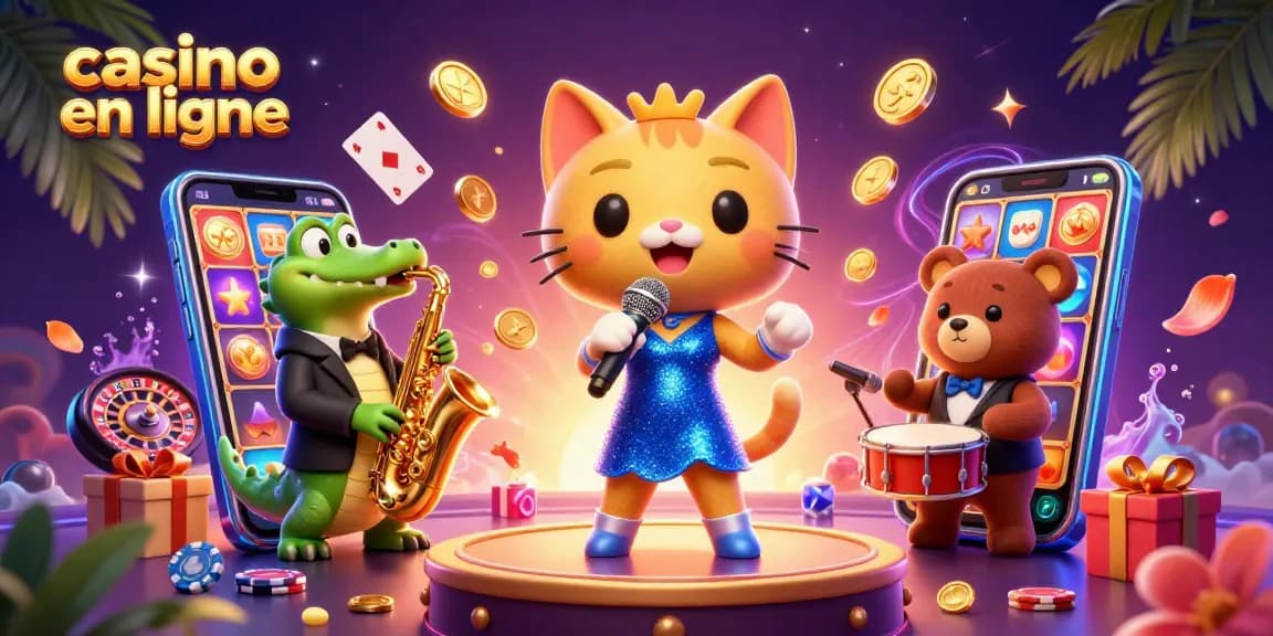 Casino en ligne : Découvrez l'excitation des jeux avec une illustration dynamique de personnages animés et d'éléments de jeu.