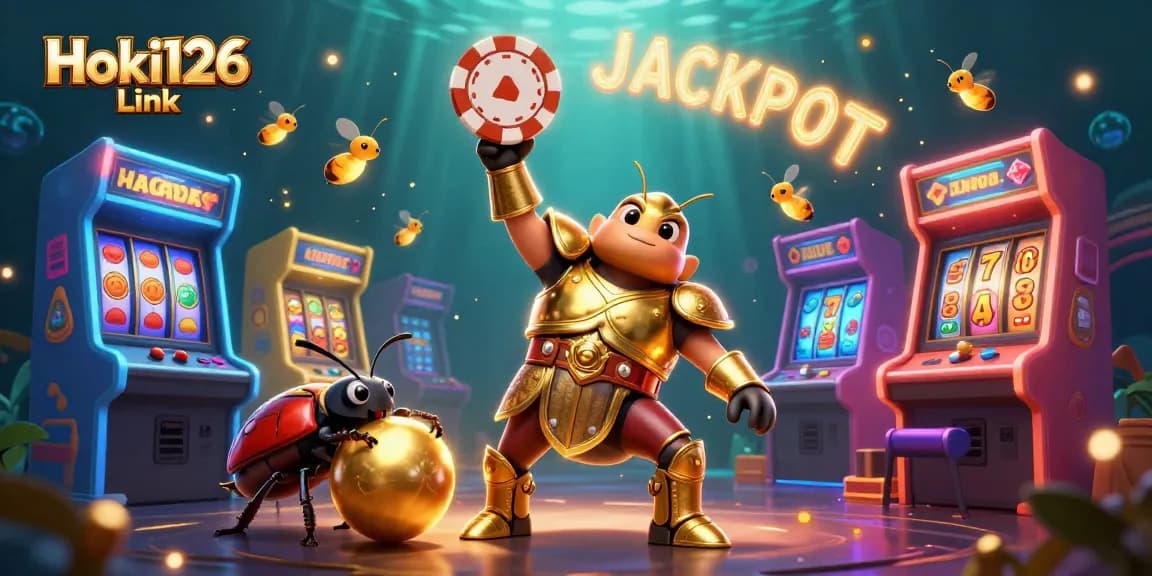 Join the excitement with Hoki126 Link as the golden armored beetle celebrates gaming victory.