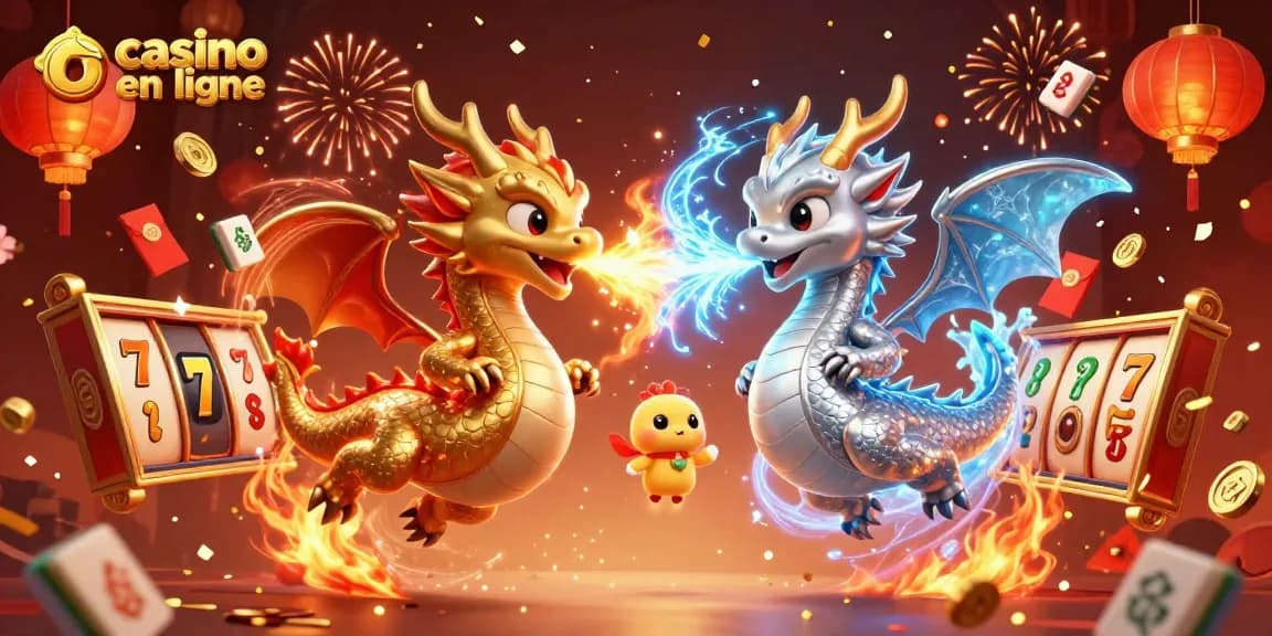 Gagnez des gains captivants dans un casino en ligne avec des dragons et des éléments festifs.