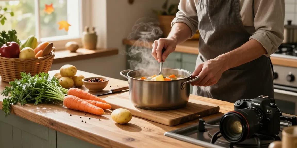 Leckere vegetarische Suppenzubereitung, die frische Zutaten und eine warme herbstliche Küchenatmosphäre hervorhebt.