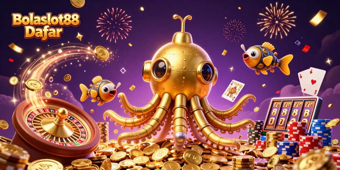 Bolaslot88 Daftar showcasing a golden kraken submarine amid cascading coins and vibrant game icons.