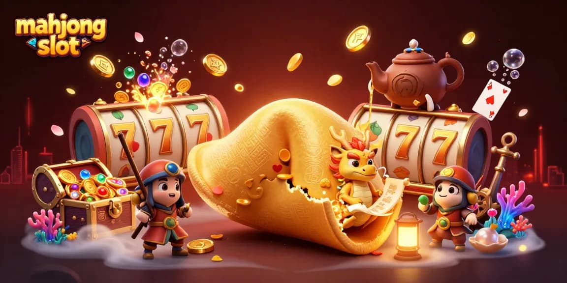 Engage with mahjong slot gaming excitement featuring a golden fortune cookie and animated characters.