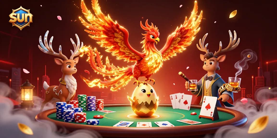 Engage in thrilling poker with sun-themed images featuring a phoenix and gaming elements.