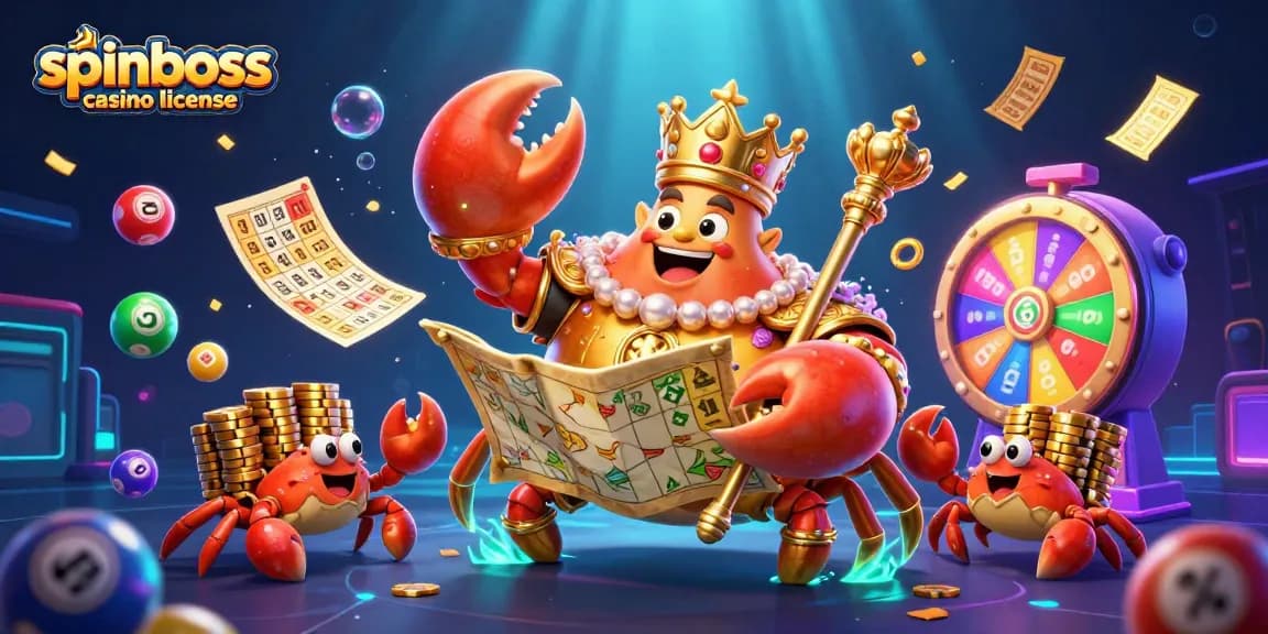 Visualisez la licence spinboss casino avec des personnages de casino animés et des éléments de jeu dynamique.