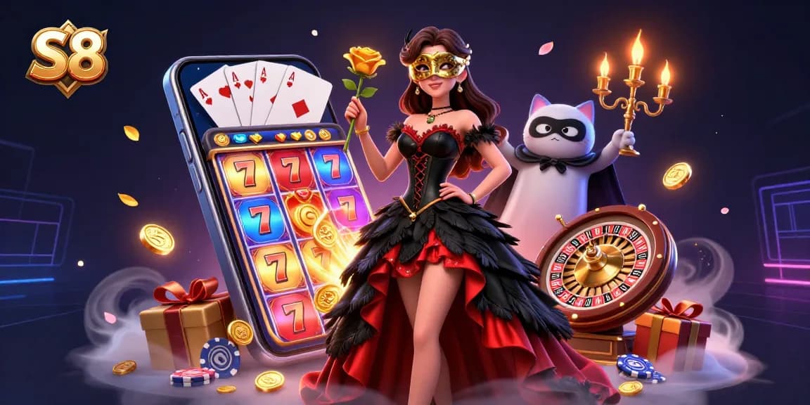 Experience thrilling games at S8 with vibrant slot reels and exciting elements in a vivid 3D illustration.