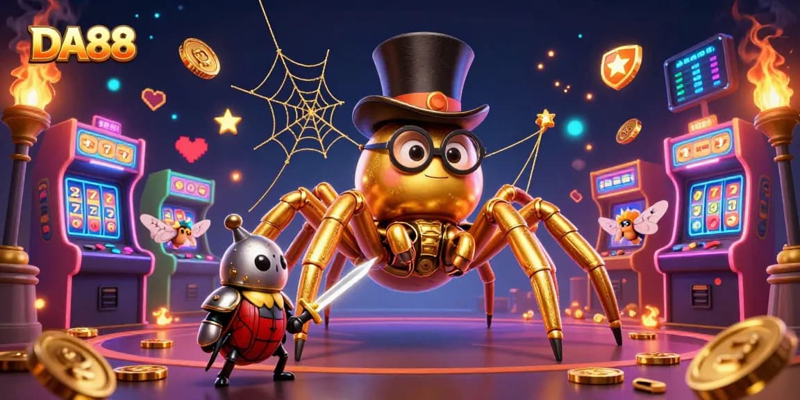 Engage with the exciting DA88 casino adventure featuring a giant golden tarantula and brave beetle knight.