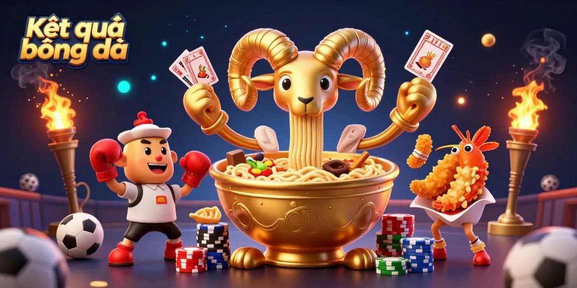 Engage with Kết quả bóng đá updates as a cartoon ramen bowl and friends join the excitement of sports betting.