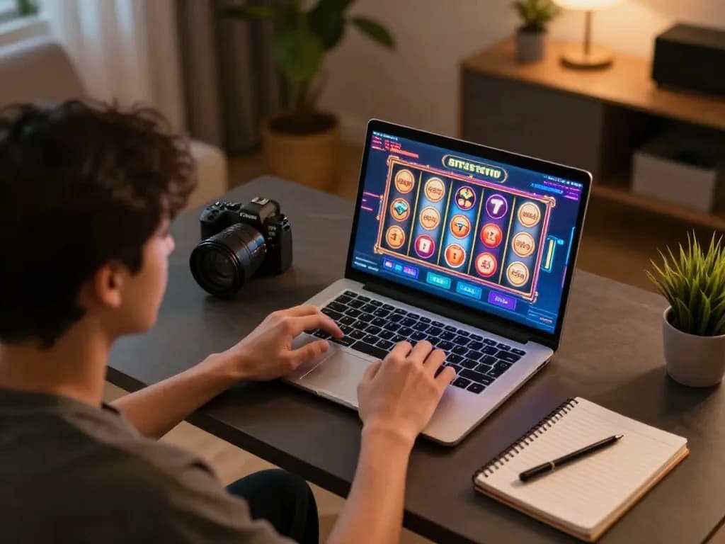Engaged player exploring situs toto games on a laptop in a cozy home setup.