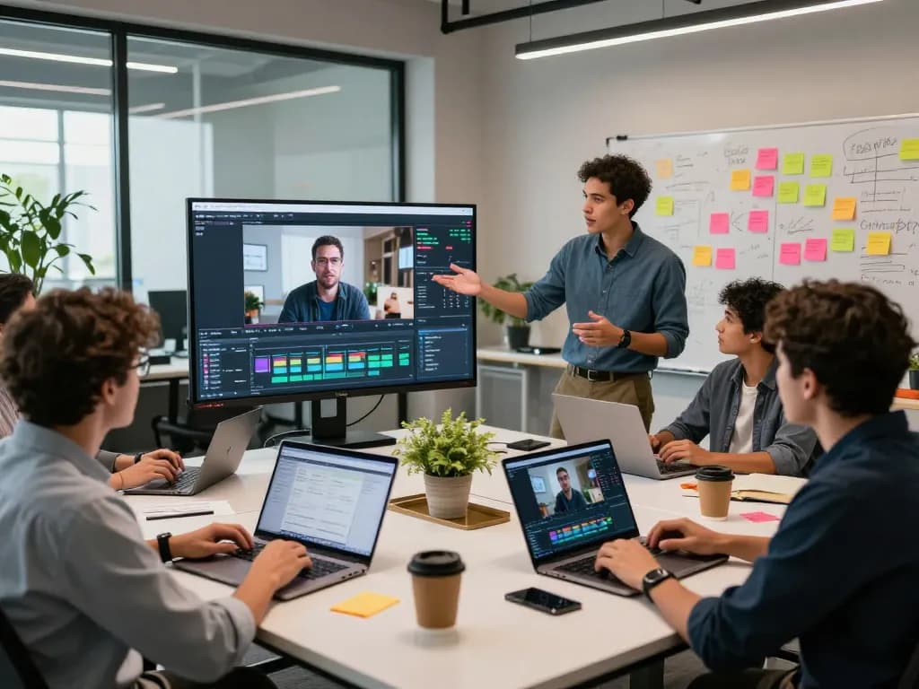 Dynamic collaborative workspace showcasing diverse team using video to prompt ai technology for video content creation.