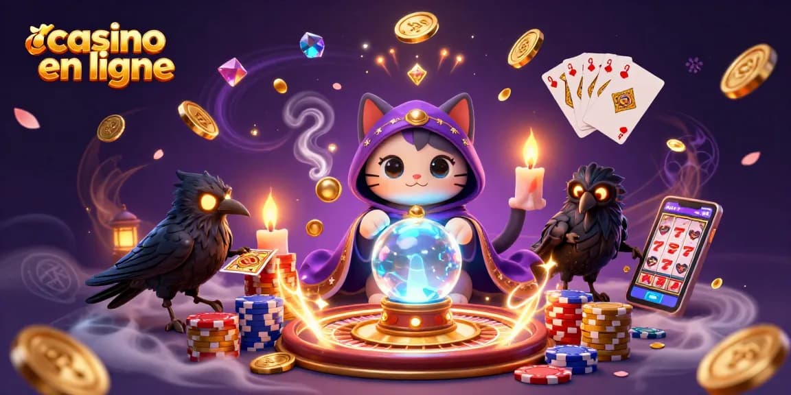 Découvrez un casino en ligne fascinant avec un chat mystique et un corbeau distribuant des cartes.