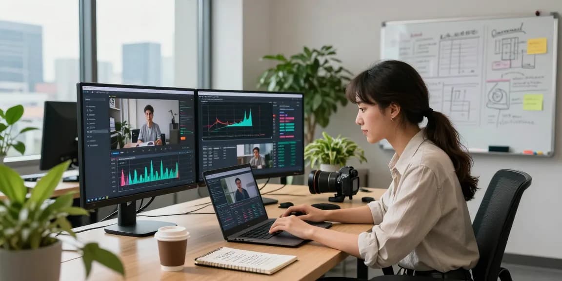 AI video prompt generation in a modern workspace, showcasing detailed analysis and creativity.