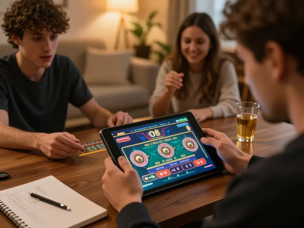 Engaging player enjoying a thrilling O8 casino experience on a tablet at home, capturing the essence of online gambling