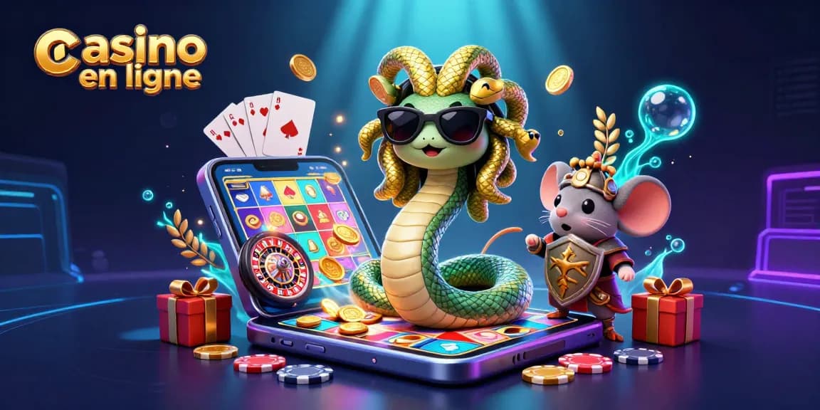 Profitez d'un casino en ligne dynamique avec des personnages mythologiques dans une illustration 3D colorée.