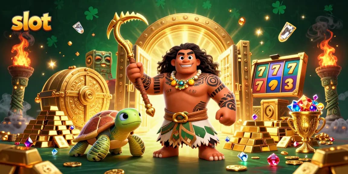Engage in thrilling slot adventures with a Polynesian-style demigod in a vibrant casino scene.