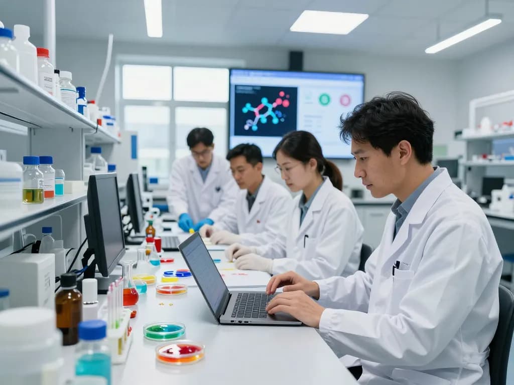 Innovative scientists collaborating on sustainable biodegradable materials at www.bluepha.bio in a modern lab environment