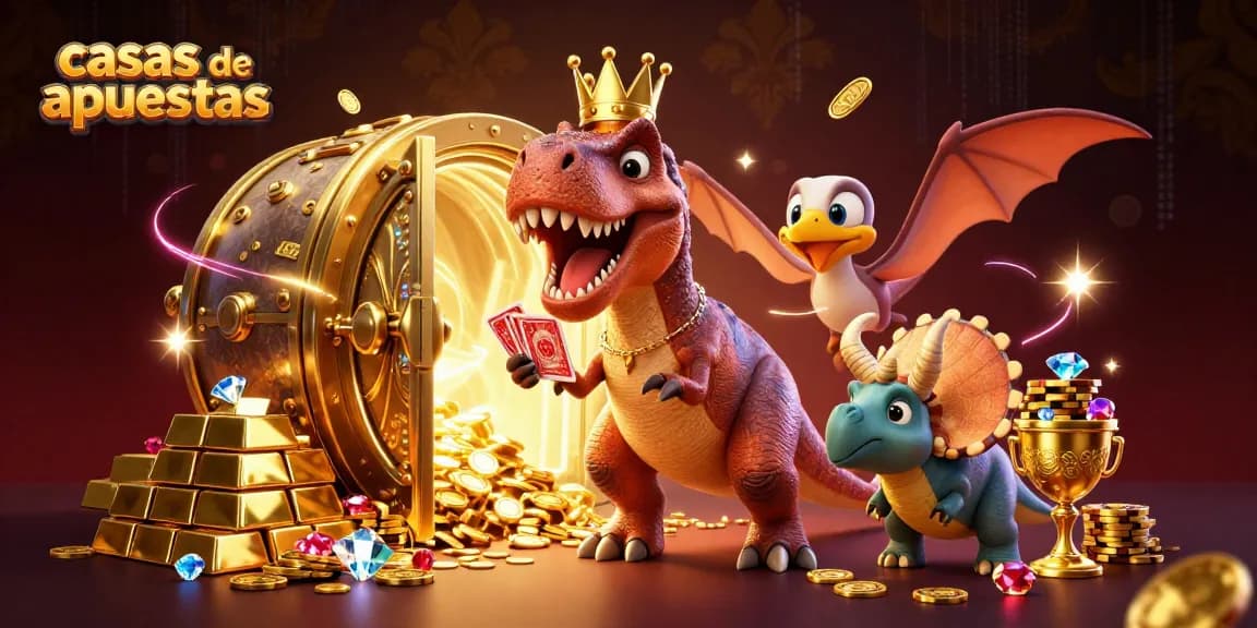 Ilustración 3D de un T-Rex amistoso que juega cartas en casas de apuestas, rodeado de oro y tesoros.