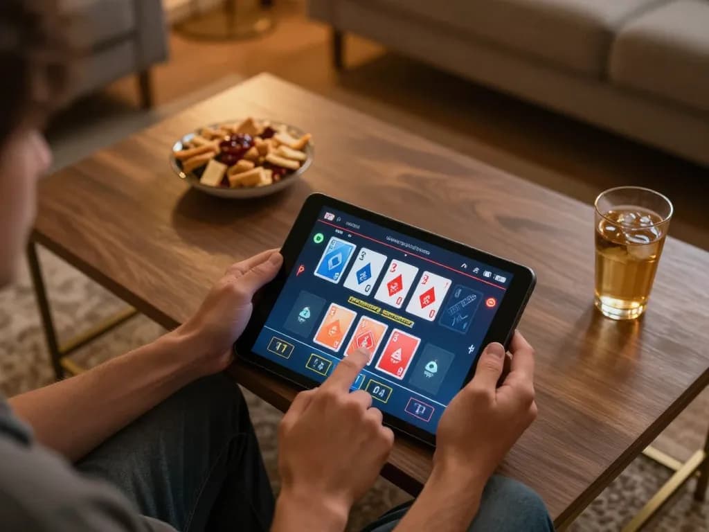 Player enjoys a live dealer game on tablet in a cozy setting while exploring rik vip gaming options