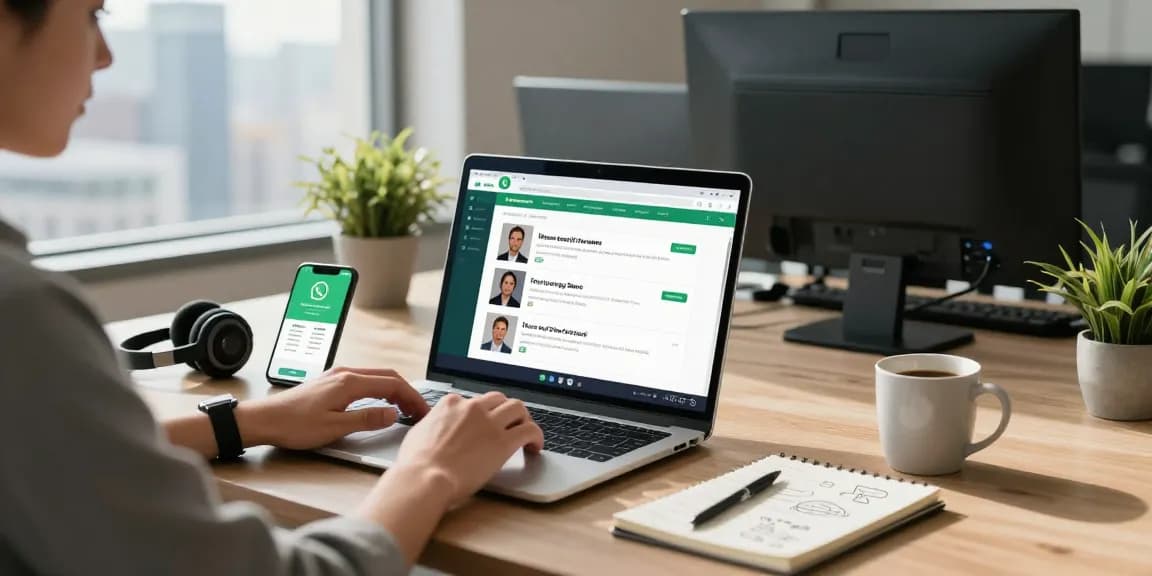 Person using WhatsApp網頁版 on a laptop in a modern office, surrounded by digital devices.