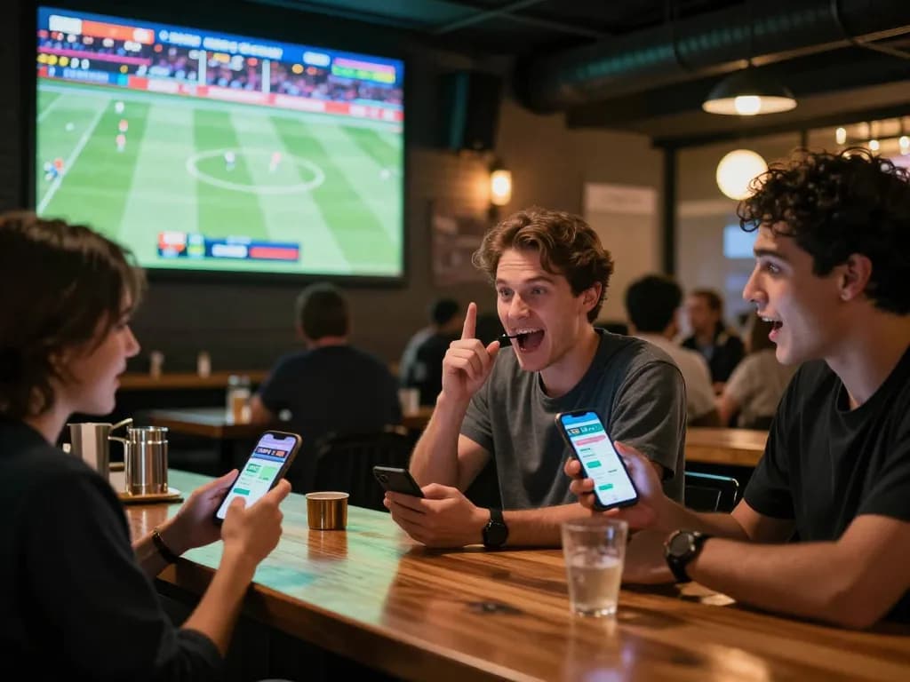 Bongdallu sports betting enthusiasts cheering and engaging with betting apps during a live match.
