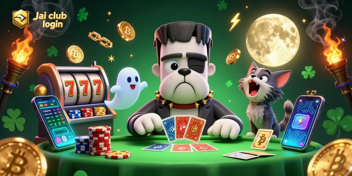 Engage in thrilling gaming with Jai club login featuring a Frankenstein bulldog and slot elements.