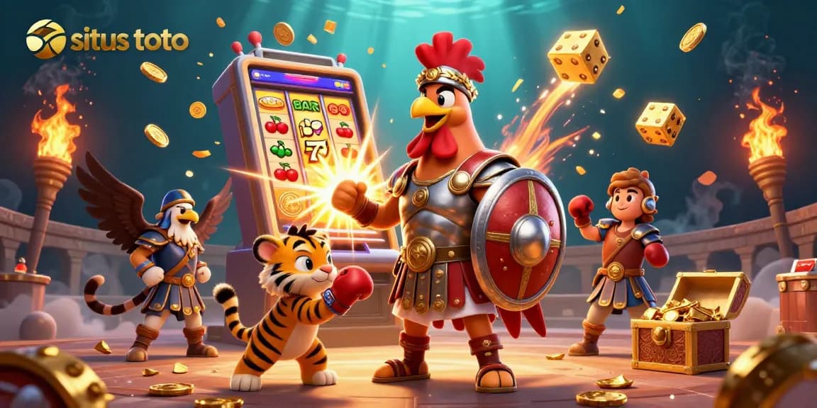 Visualisasi situs toto dengan ayam jantan bergaya gladiator, mesin slot, dan elemen kasino berwarna-warni