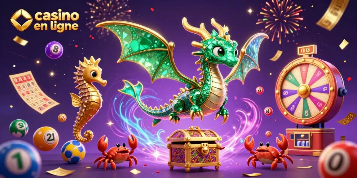 Découvrez l'univers captivant du casino en ligne avec un dragon marin et des éléments de loterie colorés.