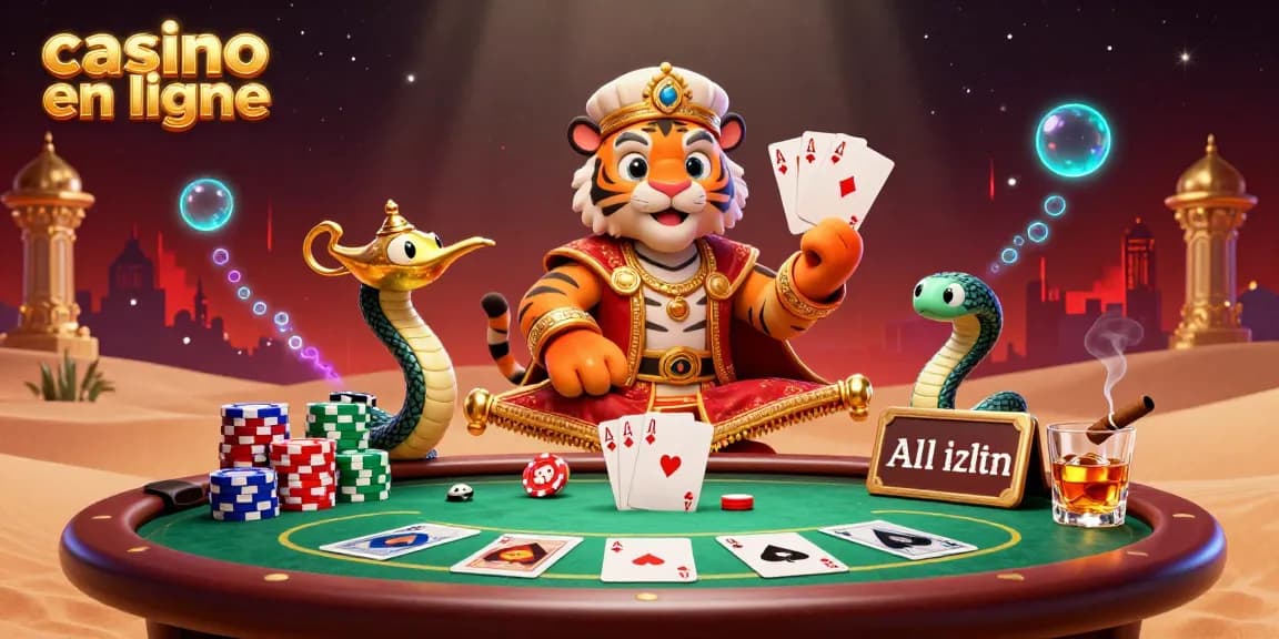 Explorez les jeux captivants de casino en ligne avec un tigre sultan et des éléments de poker colorés.