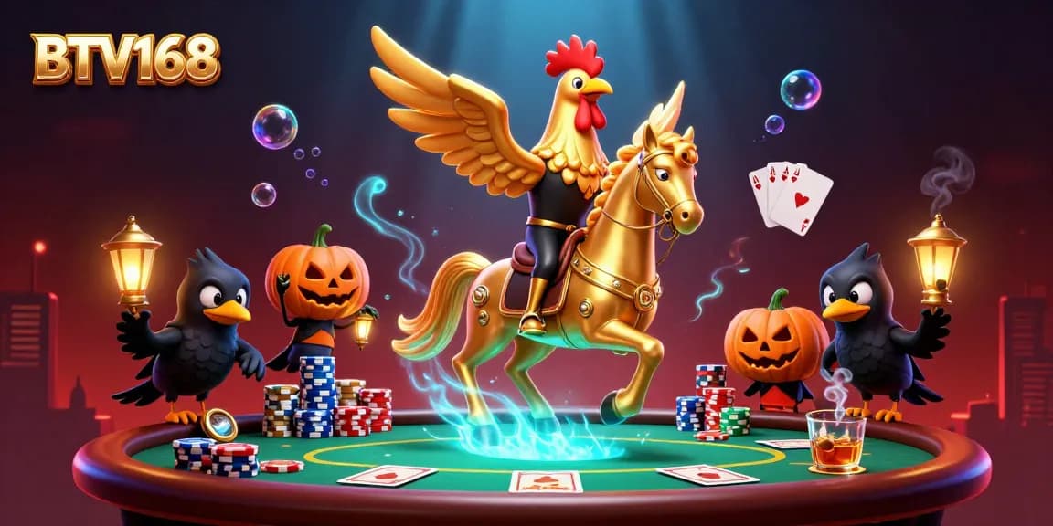 BTV168 celebrates a vibrant casino scene with a golden rooster riding through a poker night.