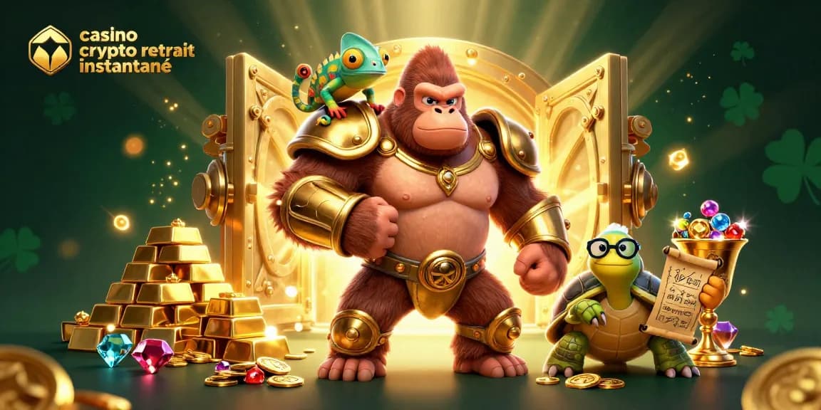 Retrouvez le meilleur casino crypto retrait instantané avec un roi gorille en armure dorée et des personnages fascinants.
