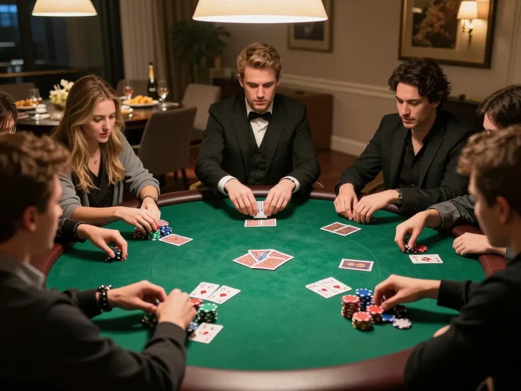 Players engaging in a social poker game at Jun88, showcasing strategy and fun in a cozy setting