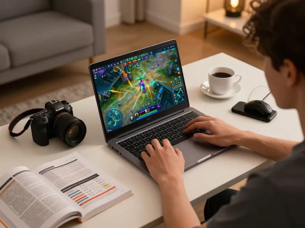 Nổ hũ mb66 gameplay on a laptop in a cozy home setting, showing strategic planning and excitement.