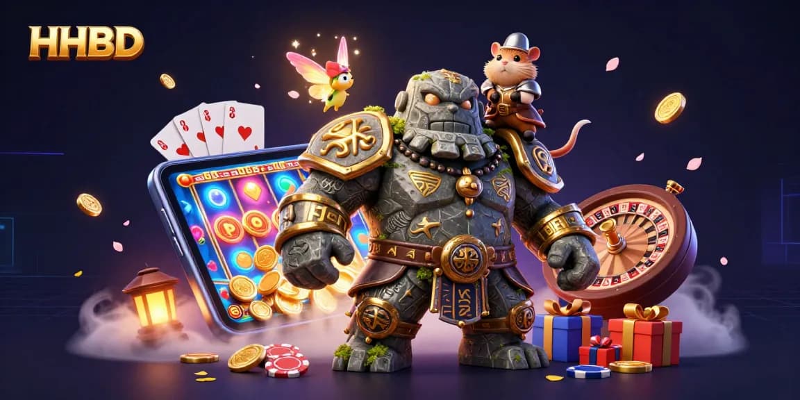 Engage with HHBD gaming magic featuring a golem guardian, fairy, and hamster knight amidst casino elements.