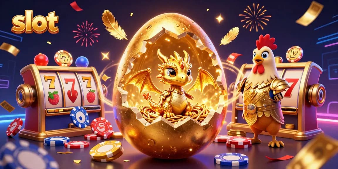 Putar mesin slot emas dan saksikan naga bayi bersinar di antara chip poker.