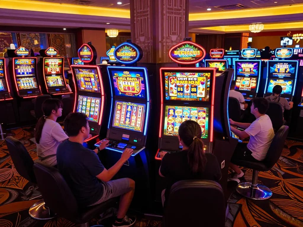 Players engaging with colorful slot pulsa machines in a lively online casino atmosphere