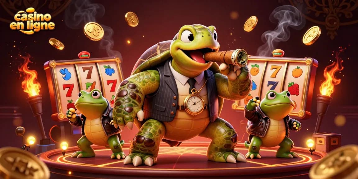 Jouez aux machines à sous dans un casino en ligne entouré de personnages animés.