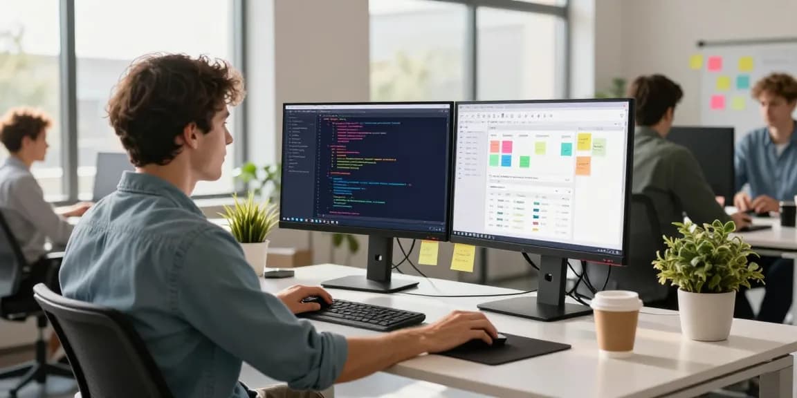 Engaging tech workspace showcasing developer productivity at telegraimin.com with dual monitors, coffee, and modern office aesthetics.