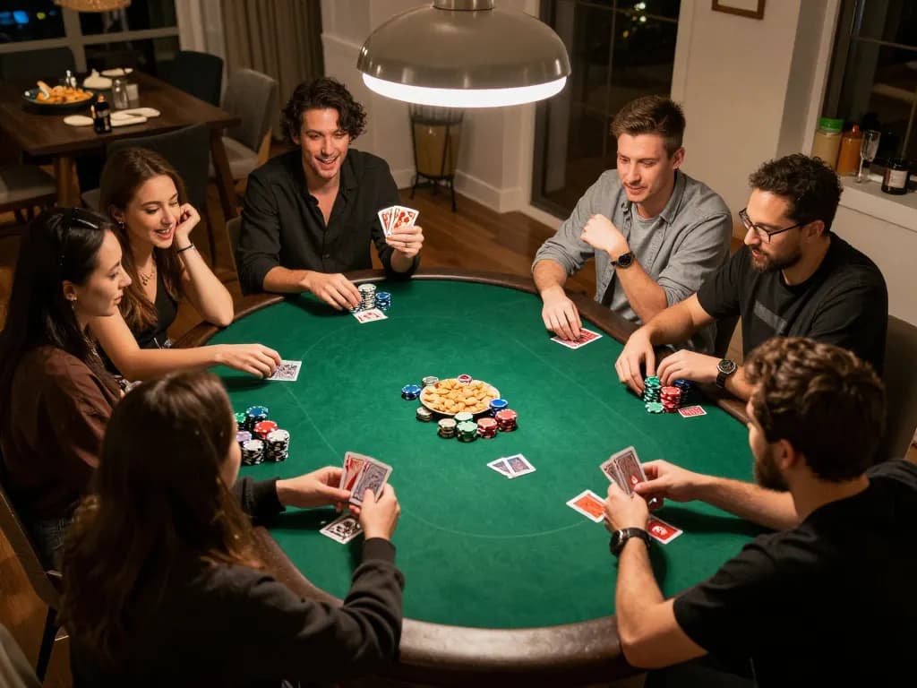 King33 players enjoying a lively home poker night with friends, cards and chips in play.