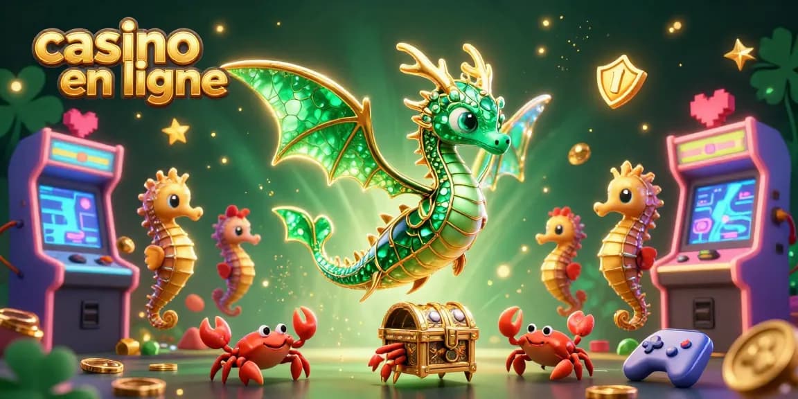 Découvrez les jeux passionnants du casino en ligne avec un dragon de mer et des machines à sous colorées.