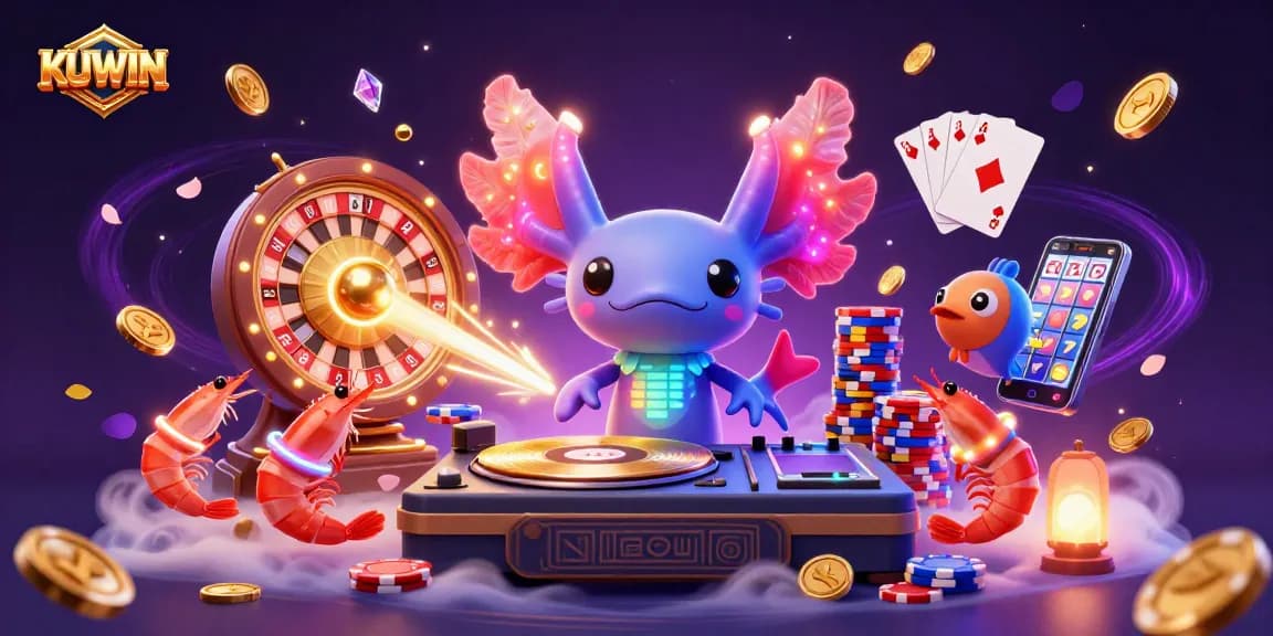 Kuwin showcases a vibrant 3D scene with an axolotl DJ, shrimp dancers, and treasure elements, enhancing the gambling experience.