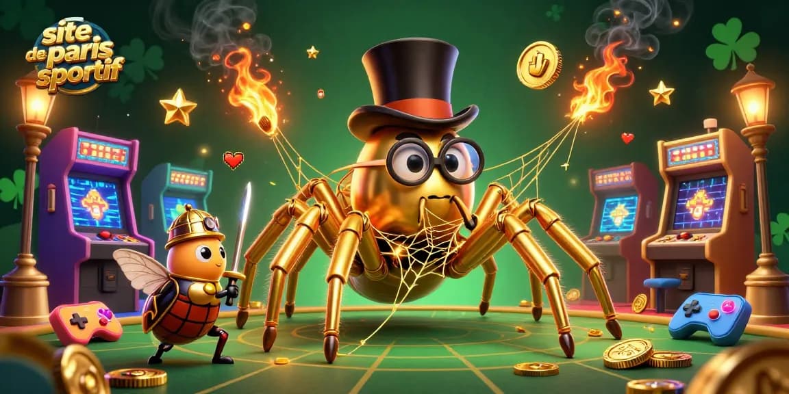 Pariez sur le site de paris sportif avec une scène animée mettant en avant des personnages fascinants et des machines de jeu colorées.