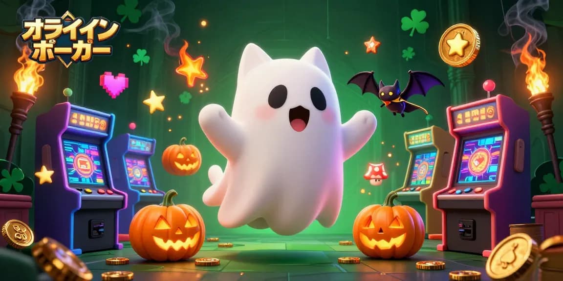 オンラインポーカーを楽しむゴーストキャットとバットのキャラクターが浮かぶハロウィンカジノのシーン。
