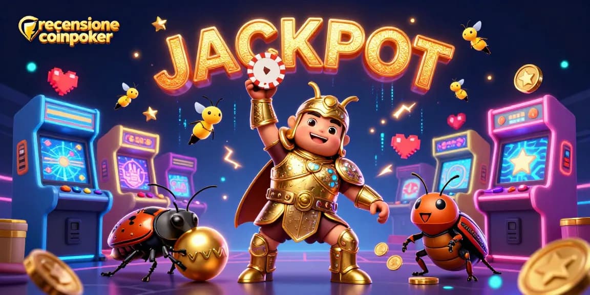 Recensione coinpoker: esplora il mondo del poker crittografico con un personaggio iconico e un jackpot luminoso.