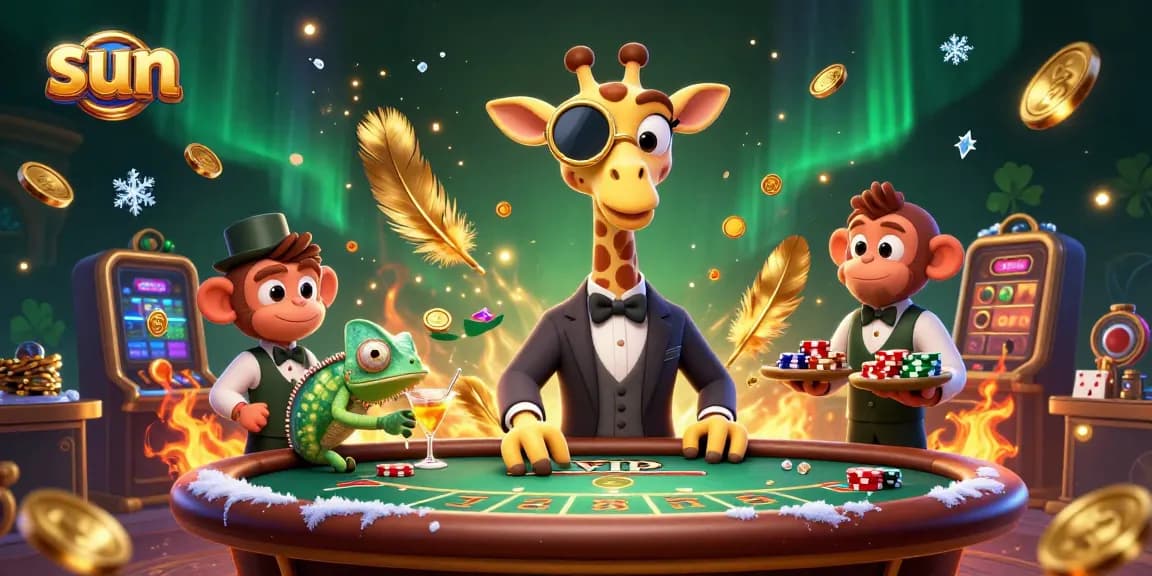 Experience the thrill of the sun at the casino with a whimsical giraffe, monkey, and chameleon interacting at a vibrant gaming table.