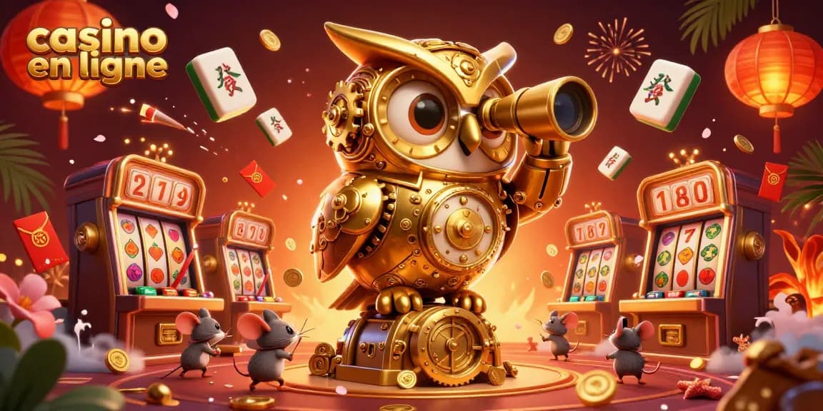 Profitez des jeux sur casino en ligne avec une illustration colorée d'un hibou doré et des machines à sous.